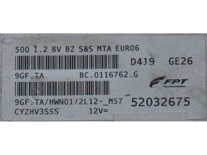 ECU Engine Control Unit Fiat 500 1.2 52032675 9GF.TA-0